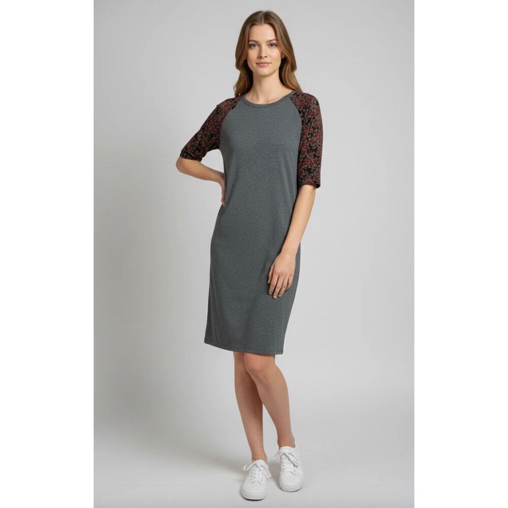 NWT Lularoe Raglan Sleeve Gray Burgundy Print Julia Dress Size XXS